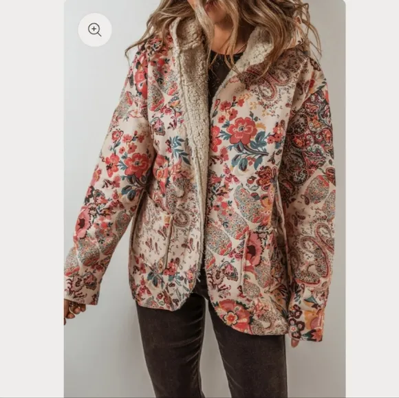 Floral Printed Sherpa Lined Hooded Jacket