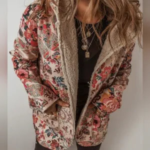 Floral Printed Sherpa Lined Hooded Jacket