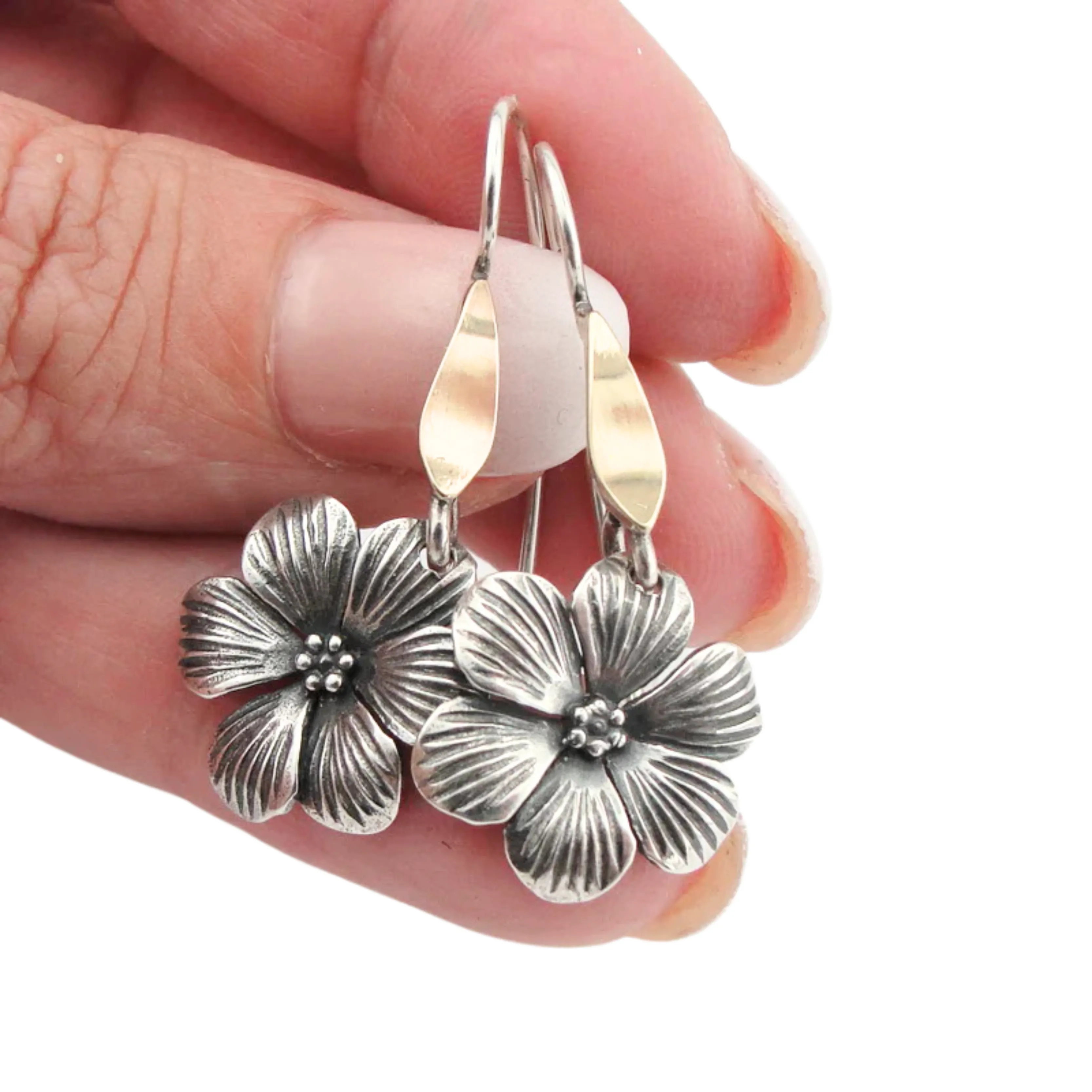 Flower-Shaped Dangle Earrings in Sterling Silver and Yellow Gold  (MS 1507)py