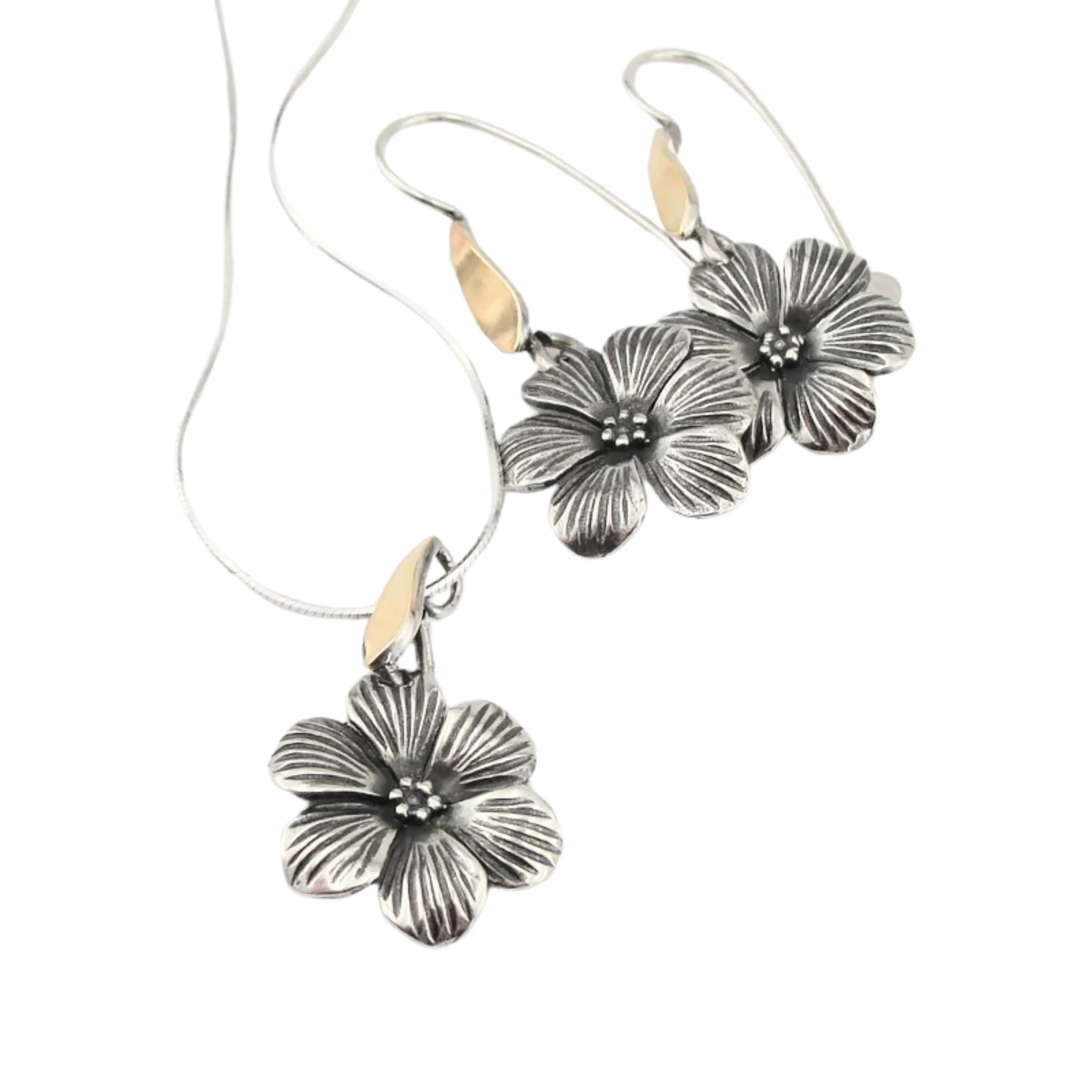 Flower-Shaped Dangle Earrings in Sterling Silver and Yellow Gold  (MS 1507)py