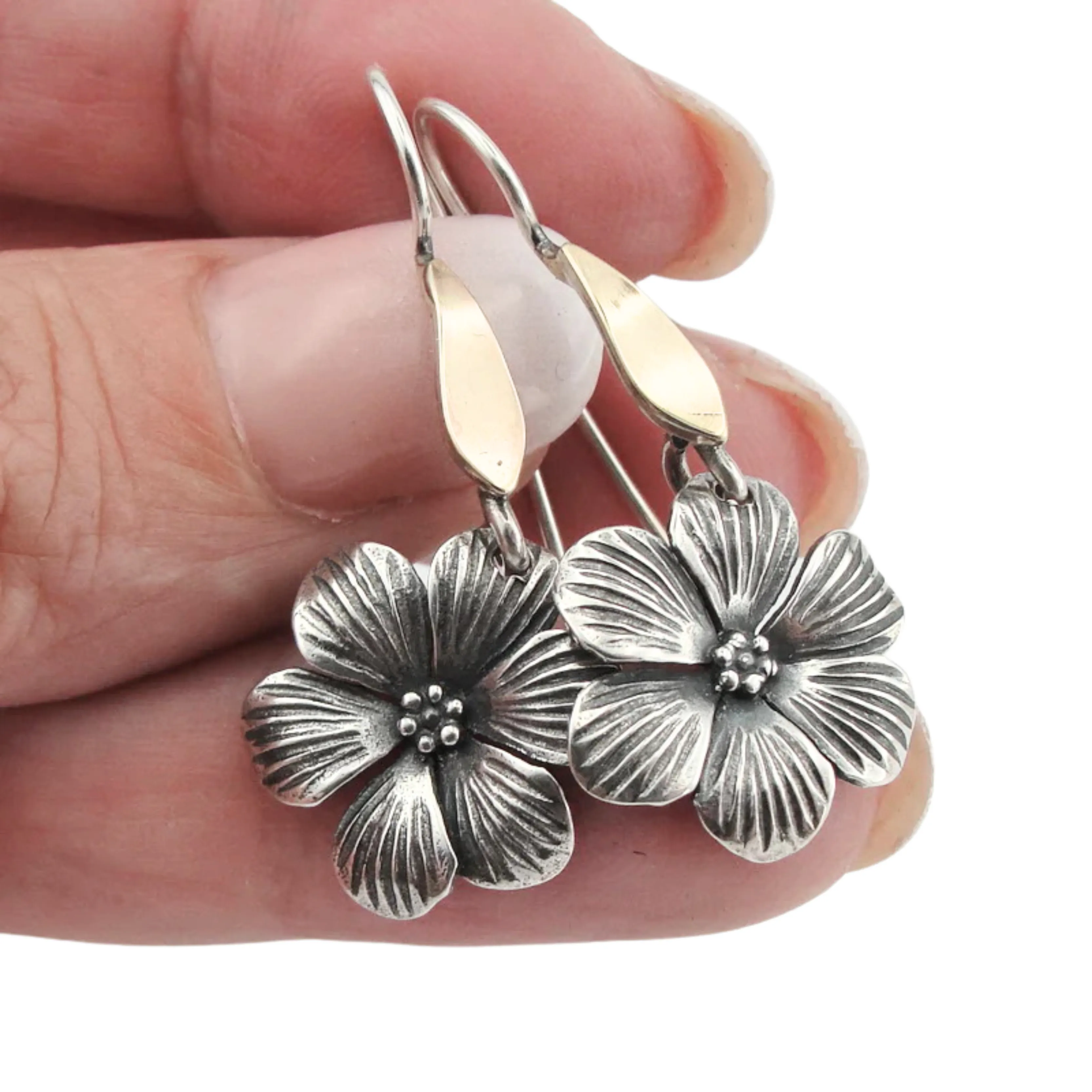 Flower-Shaped Dangle Earrings in Sterling Silver and Yellow Gold  (MS 1507)py