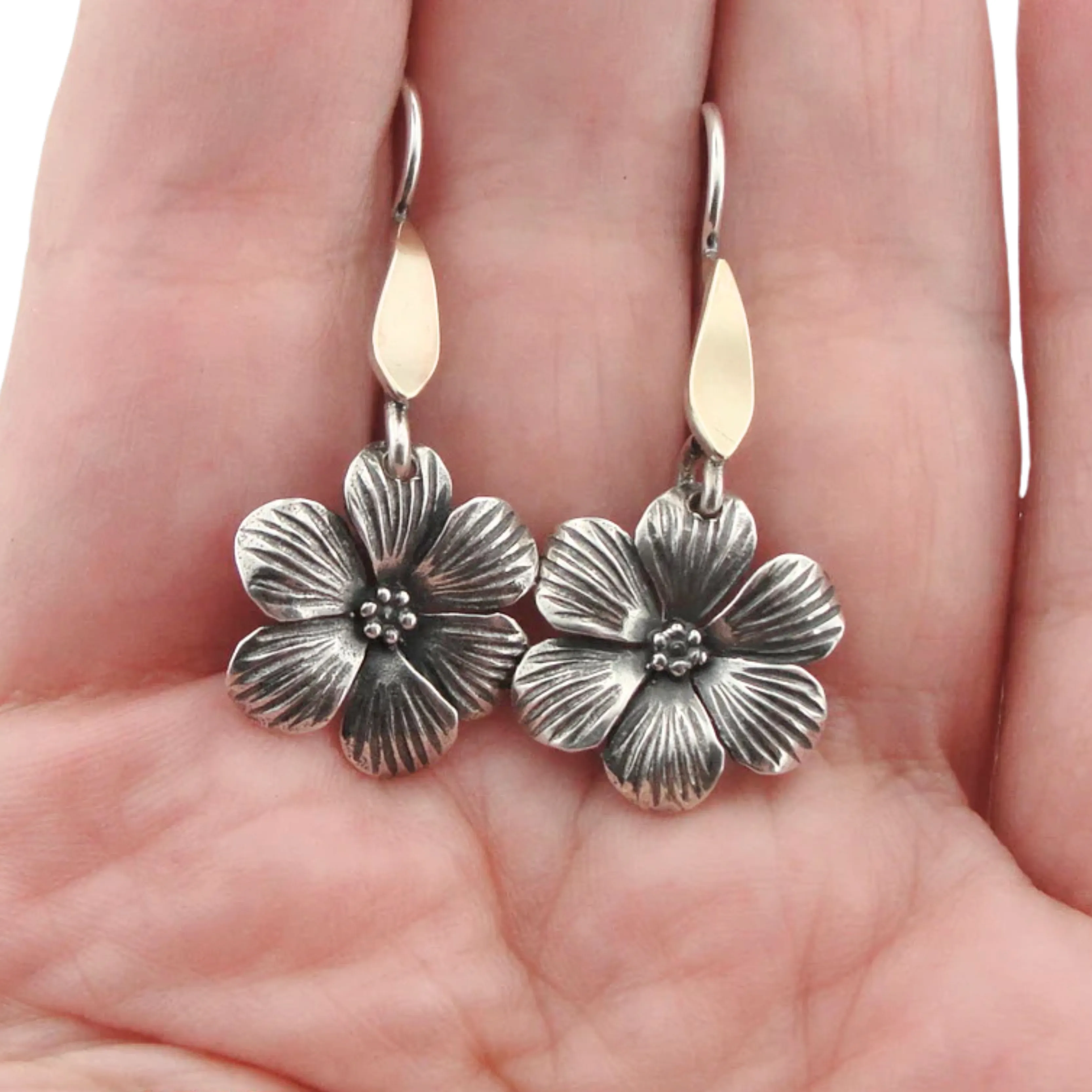 Flower-Shaped Dangle Earrings in Sterling Silver and Yellow Gold  (MS 1507)py