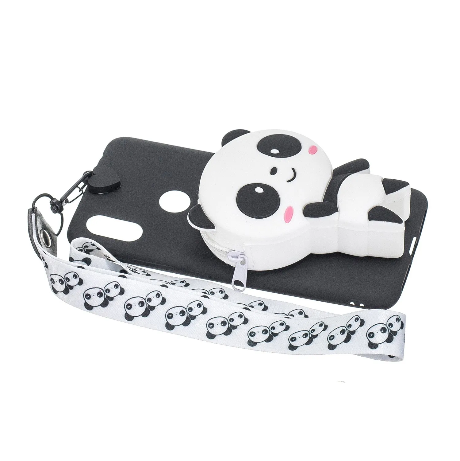 For HUAWEI Y6 2019 Y7 2019 Y9 2019 Cartoon Full Protective TPU Mobile Phone Cover with Mini Coin Purse Cartoon Hanging Lanyard 4 black pandas