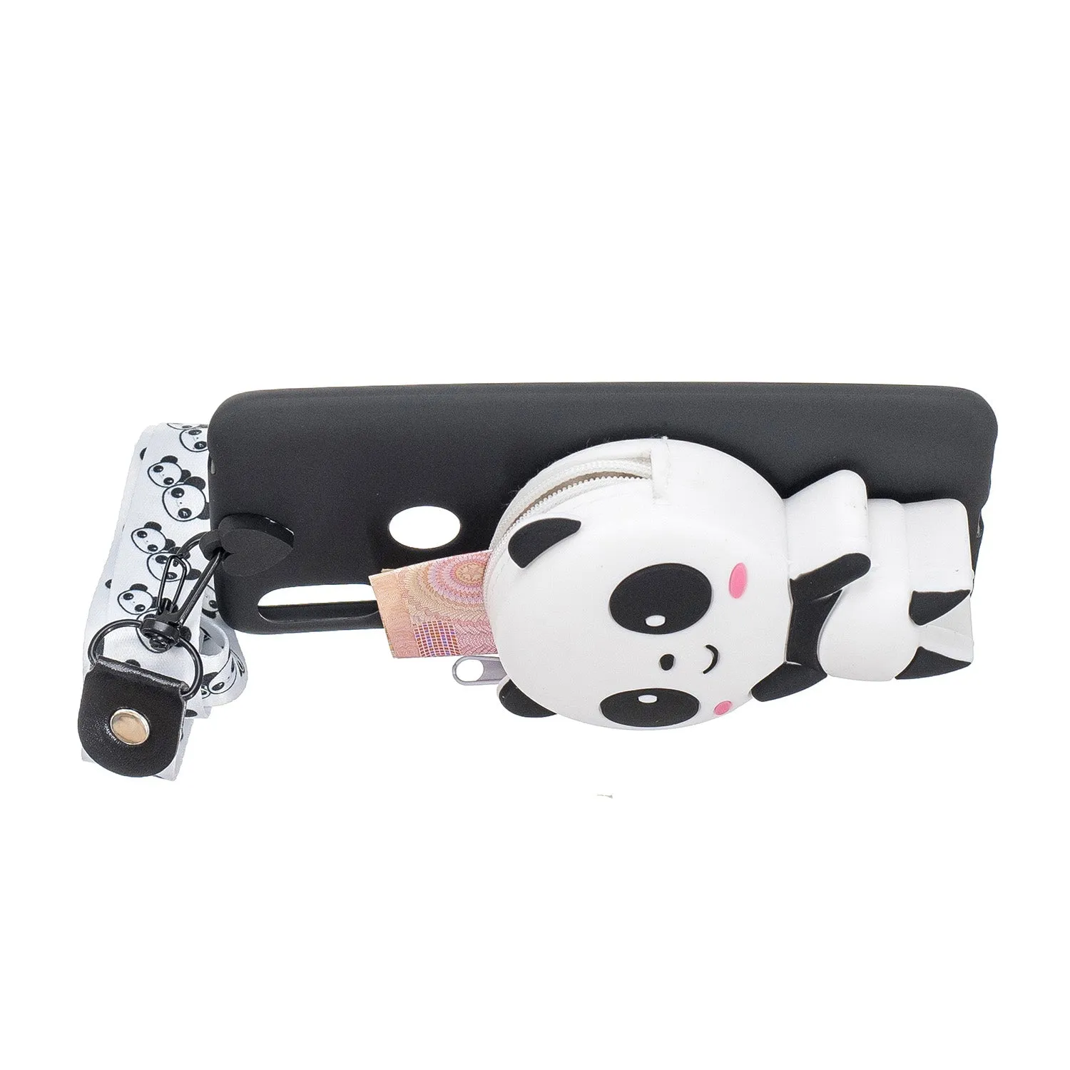 For HUAWEI Y6 2019 Y7 2019 Y9 2019 Cartoon Full Protective TPU Mobile Phone Cover with Mini Coin Purse Cartoon Hanging Lanyard 4 black pandas