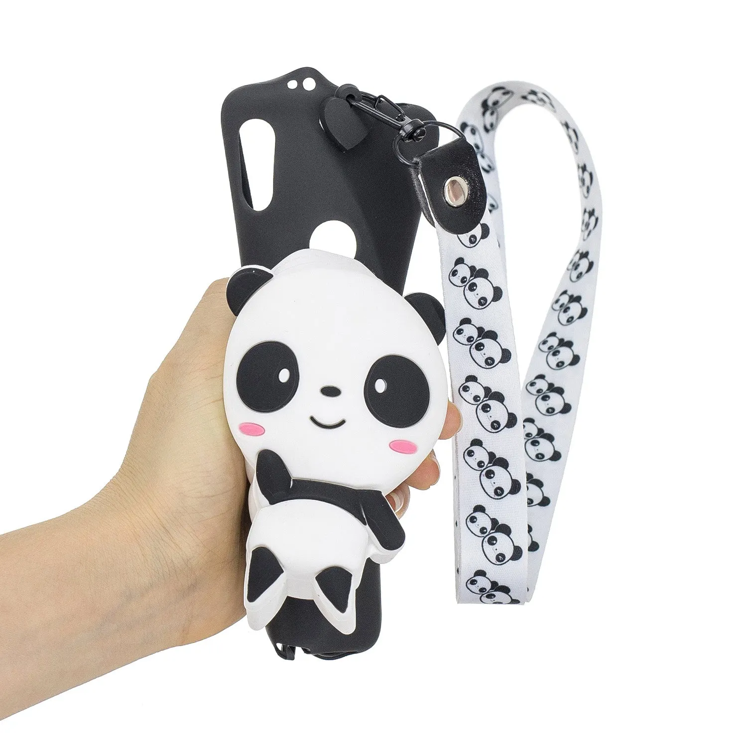 For HUAWEI Y6 2019 Y7 2019 Y9 2019 Cartoon Full Protective TPU Mobile Phone Cover with Mini Coin Purse Cartoon Hanging Lanyard 4 black pandas