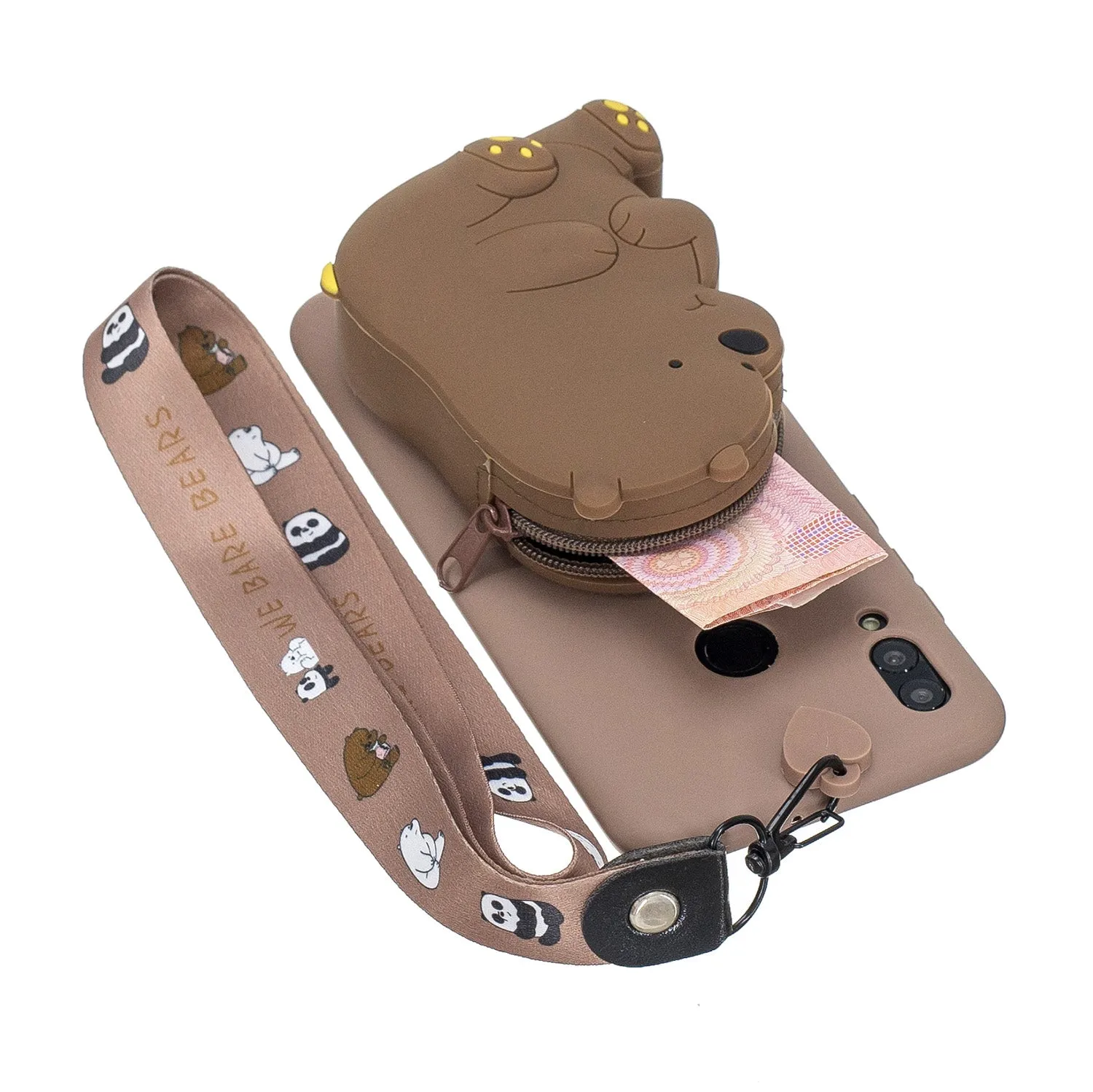 For HUAWEI Y6 2019 Y7 2019 Y9 2019 Cartoon Full Protective TPU Mobile Phone Cover with Mini Coin Purse Cartoon Hanging Lanyard 7 brown brown bear