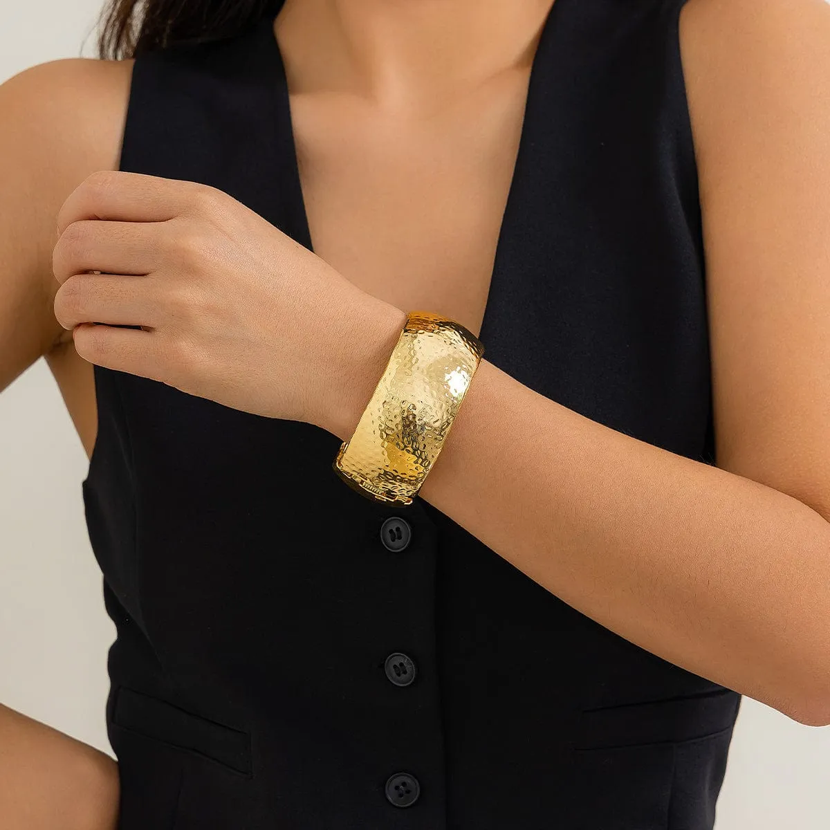 Geometric Chunky Hammered Open Wide Cuff Bangle Bracelet