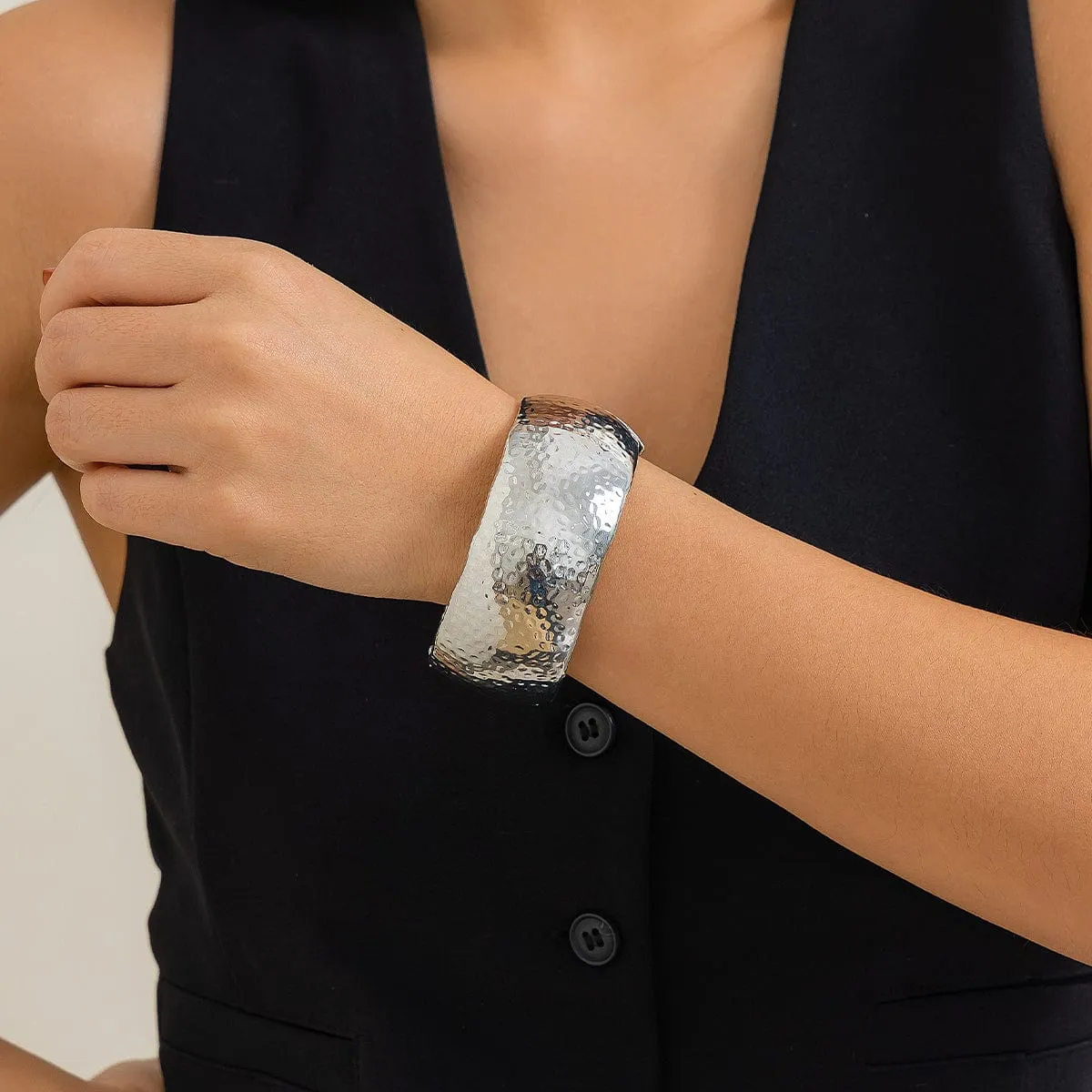 Geometric Chunky Hammered Open Wide Cuff Bangle Bracelet