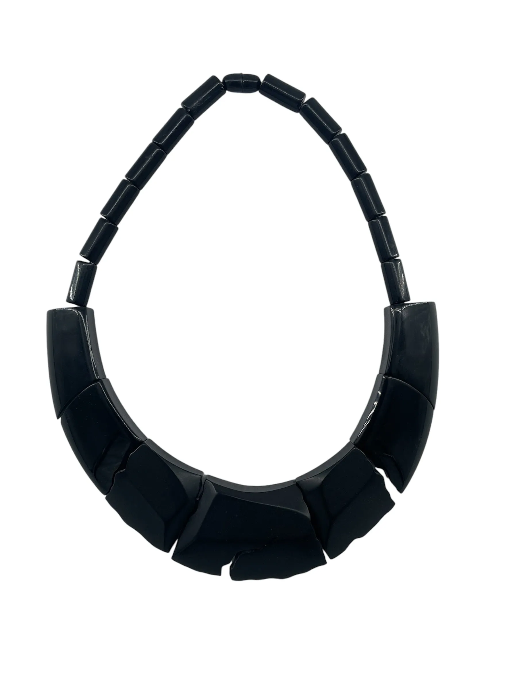 Guillemette L'Hoir 80s Hand Crafted Black Galalith "Cracked” Necklace