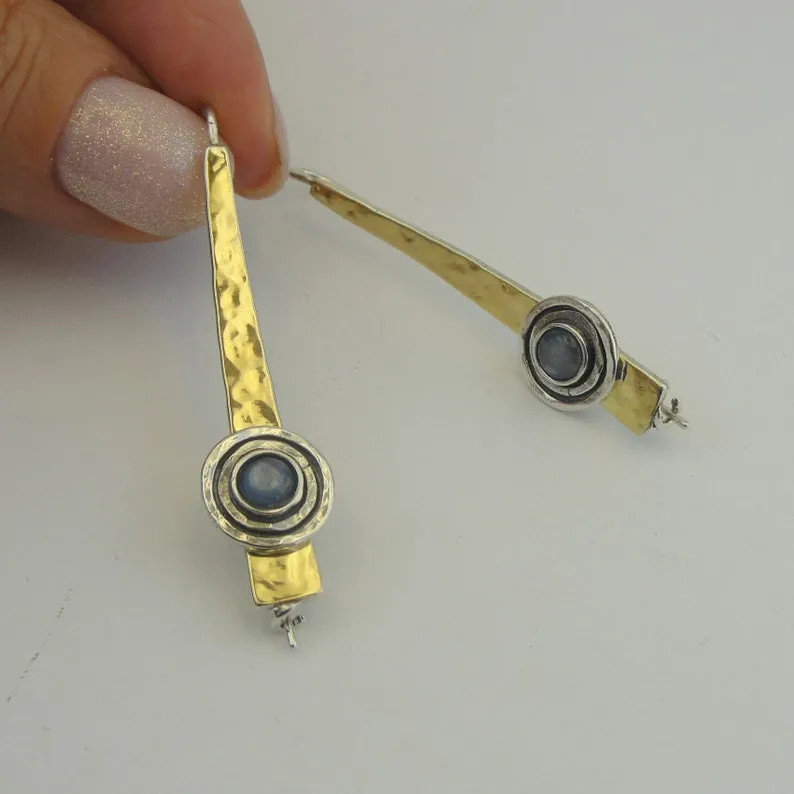 Hadar Designers 9k Yellow Gold 925 Silver Kyanite Earrings Handmade (ms 1609)