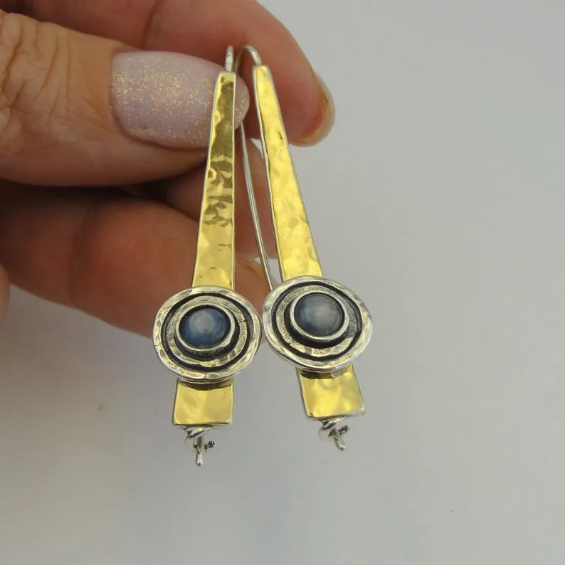 Hadar Designers 9k Yellow Gold 925 Silver Kyanite Earrings Handmade (ms 1609)