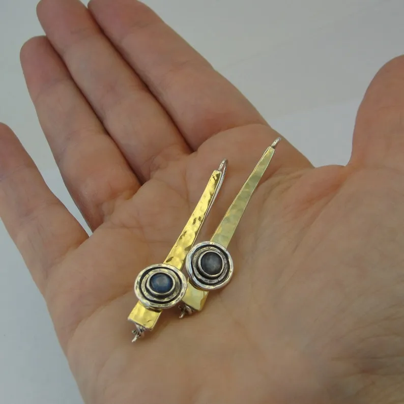 Hadar Designers 9k Yellow Gold 925 Silver Kyanite Earrings Handmade (ms 1609)