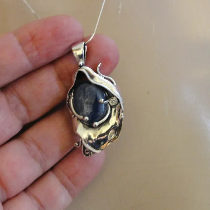 Hadar Designers 9k Yellow Gold 925 Silver Kyanite Pendant Artistic Handmade (MS