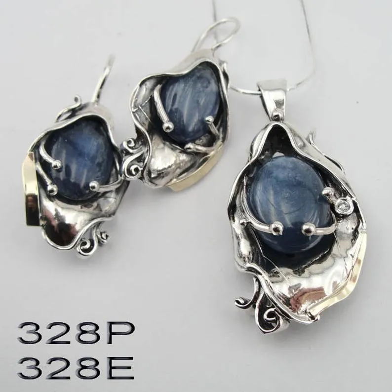 Hadar Designers 9k Yellow Gold 925 Silver Kyanite Pendant Artistic Handmade (MS