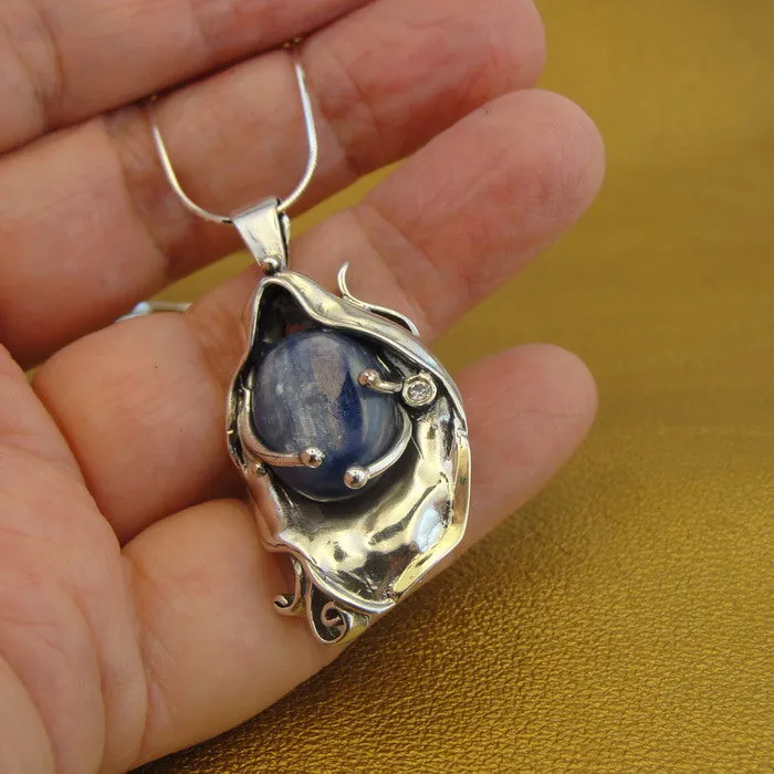 Hadar Designers 9k Yellow Gold 925 Silver Kyanite Pendant Artistic Handmade (MS