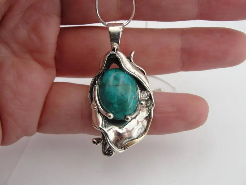 Hadar Designers 9k Yellow Gold 925 Silver Kyanite Pendant Artistic Handmade (MS