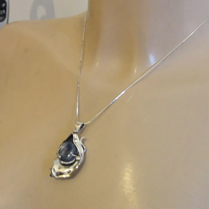 Hadar Designers 9k Yellow Gold 925 Silver Kyanite Pendant Artistic Handmade (MS