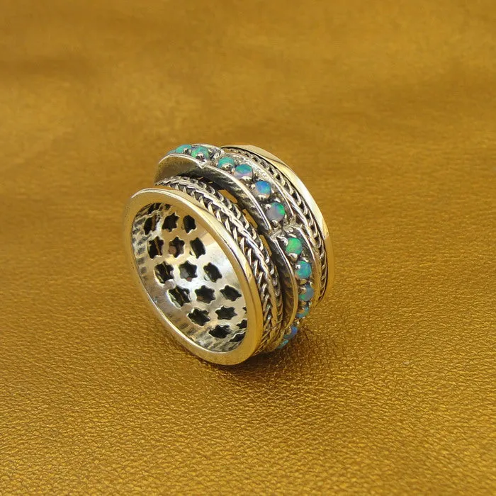 Hadar Designers 9k Yellow Gold 925 Silver Opal Ring 6.5, 7 Handmade Swivel(SN) y