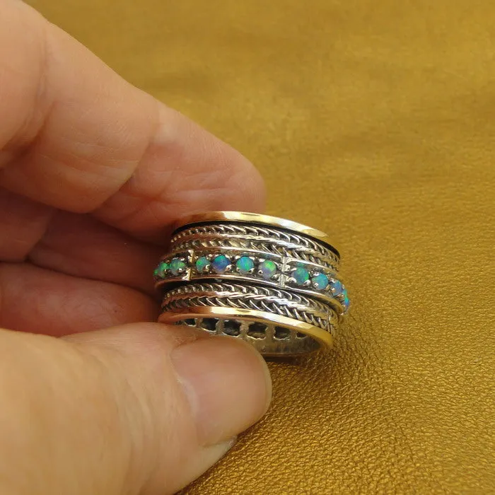 Hadar Designers 9k Yellow Gold 925 Silver Opal Ring 6.5, 7 Handmade Swivel(SN) y