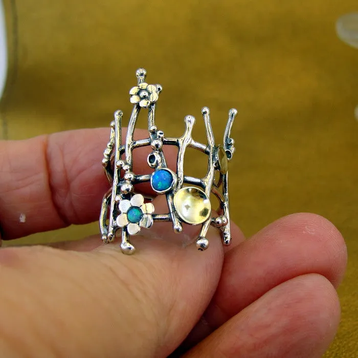 Hadar Designers 9k Yellow Gold 925 Silver Opal Ring, Handmade (ms)