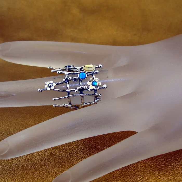 Hadar Designers 9k Yellow Gold 925 Silver Opal Ring, Handmade (ms)