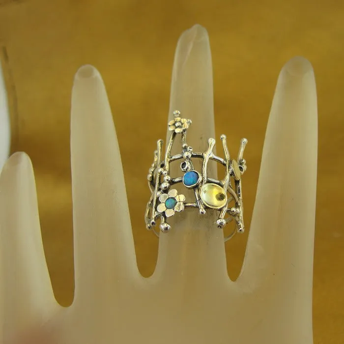 Hadar Designers 9k Yellow Gold 925 Silver Opal Ring, Handmade (ms)