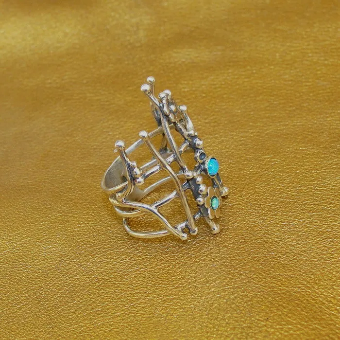 Hadar Designers 9k Yellow Gold 925 Silver Opal Ring, Handmade (ms)