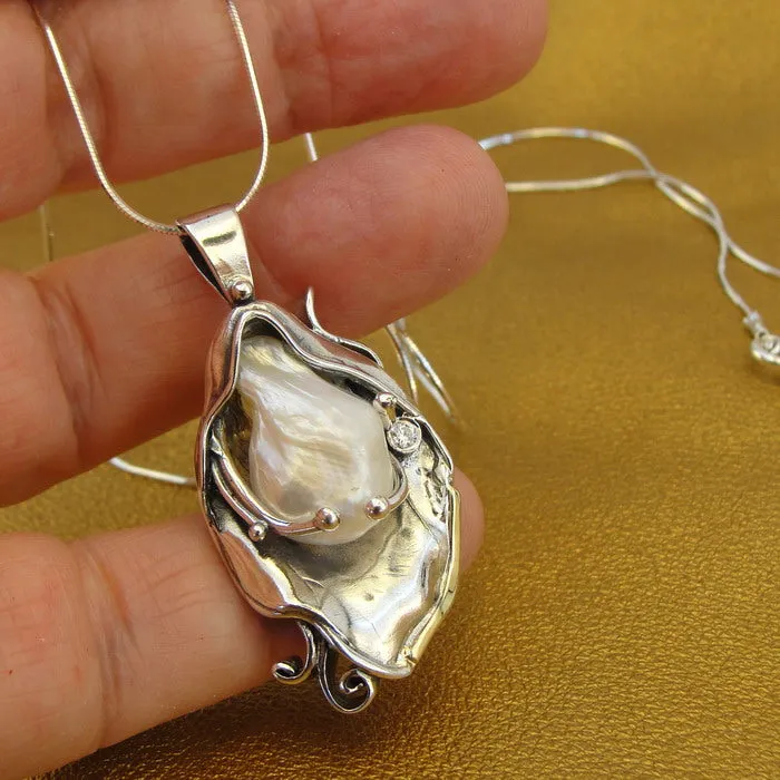 Hadar Designers 9k Yellow Gold 925 Silver Pearl Pendant Artistic Handmade (MS
