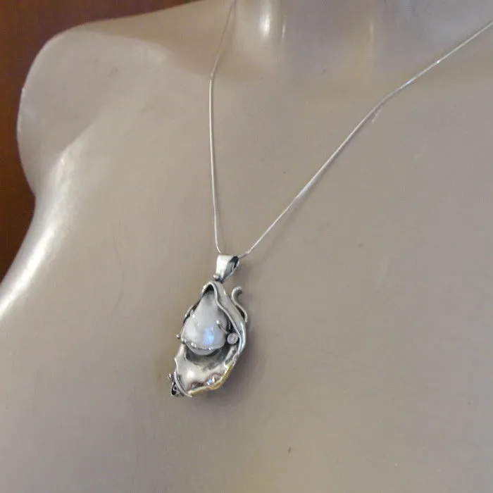 Hadar Designers 9k Yellow Gold 925 Silver Pearl Pendant Artistic Handmade (MS