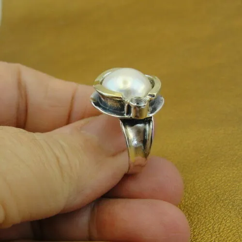 Hadar Designers 9k Yellow Gold 925 Silver Pearl Ring , Handmade (Ms