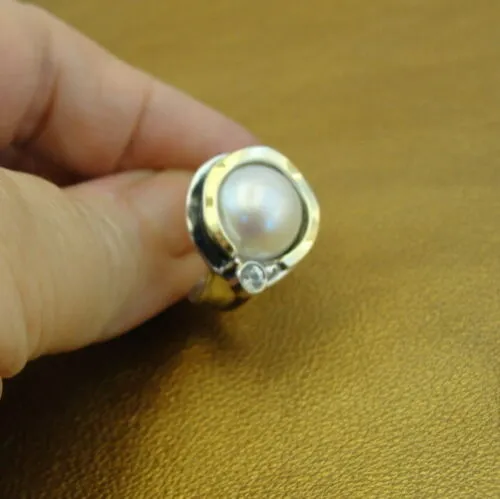 Hadar Designers 9k Yellow Gold 925 Silver Pearl Ring , Handmade (Ms