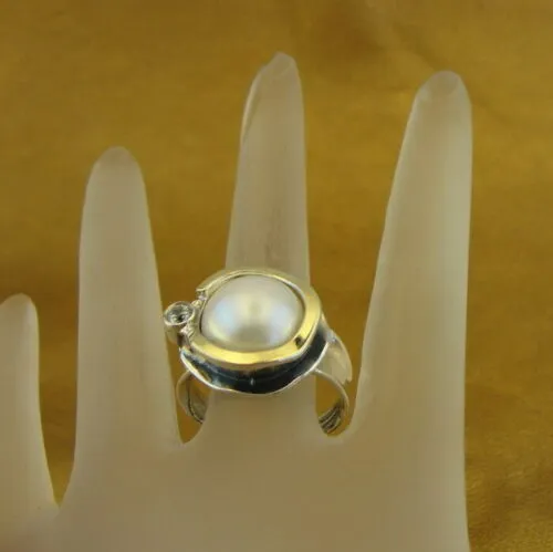 Hadar Designers 9k Yellow Gold 925 Silver Pearl Ring , Handmade (Ms