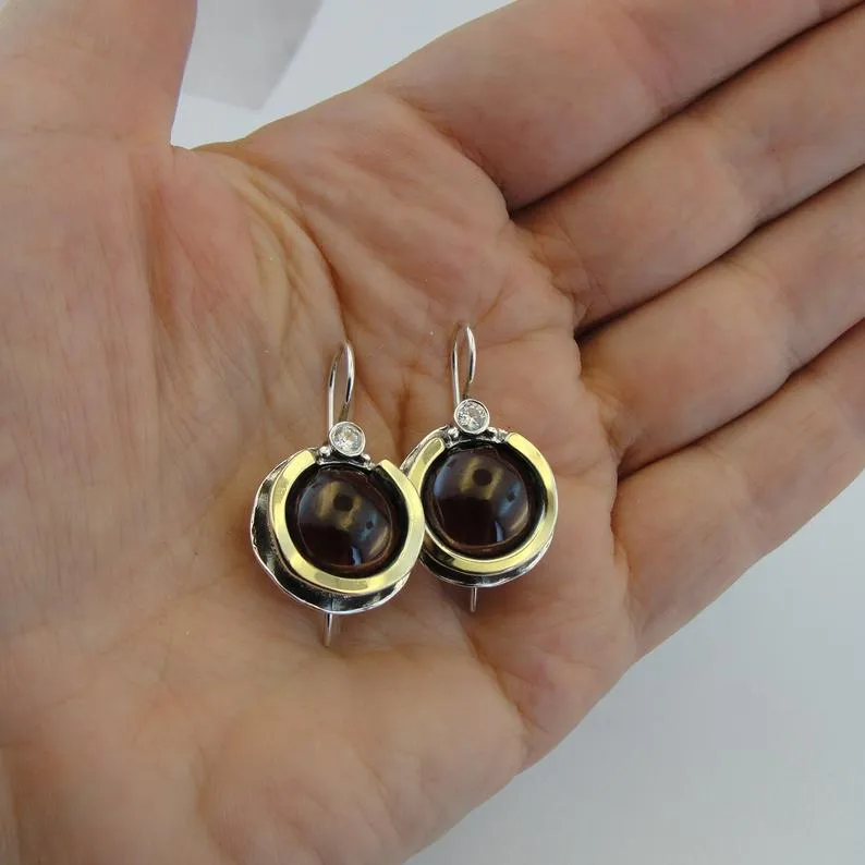 Hadar Designers 9k Yellow Gold 925 Silver Red Garnet Earrings Handmade (ms 958)