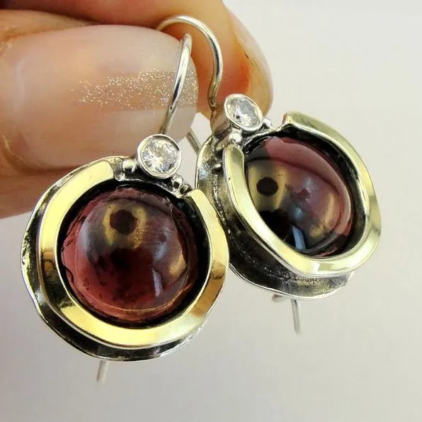 Hadar Designers 9k Yellow Gold 925 Silver Red Garnet Earrings Handmade (ms 958)