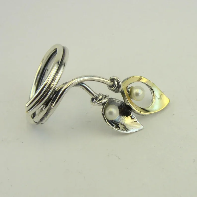 Hadar Designers 9k Yellow Gold 925 Silver White Pearl Ring, Handmade(ms