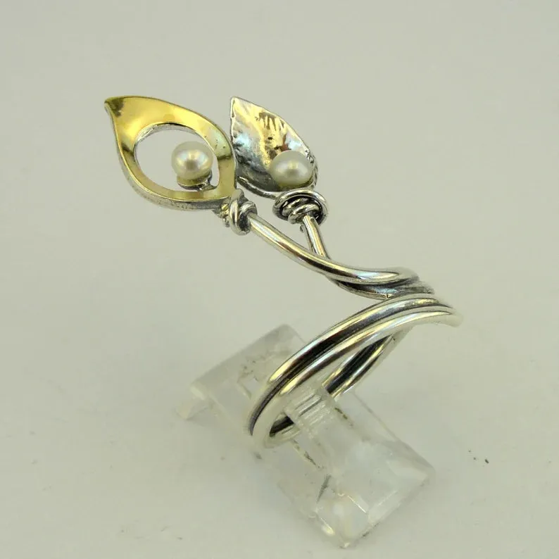 Hadar Designers 9k Yellow Gold 925 Silver White Pearl Ring, Handmade(ms