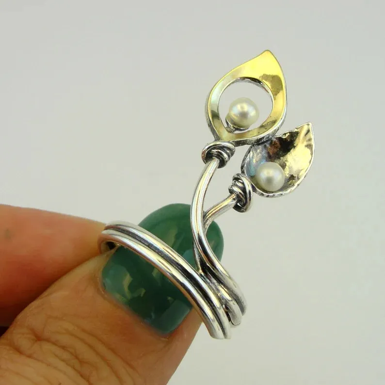 Hadar Designers 9k Yellow Gold 925 Silver White Pearl Ring, Handmade(ms