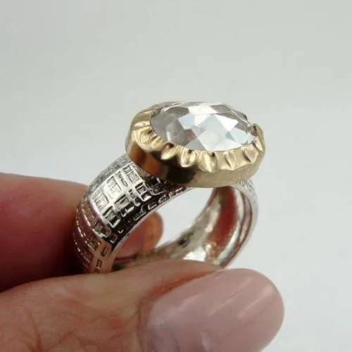 Hadar Designers 9k Yellow Gold 925 Silver White Zircon Ring 6.5, 7, 7.5 Handmade