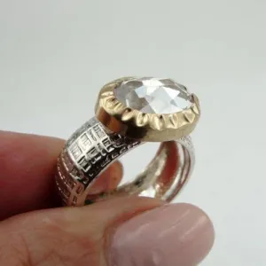 Hadar Designers 9k Yellow Gold 925 Silver White Zircon Ring 6.5, 7, 7.5 Handmade