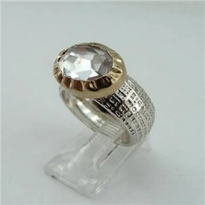 Hadar Designers 9k Yellow Gold 925 Silver White Zircon Ring 6.5, 7, 7.5 Handmade