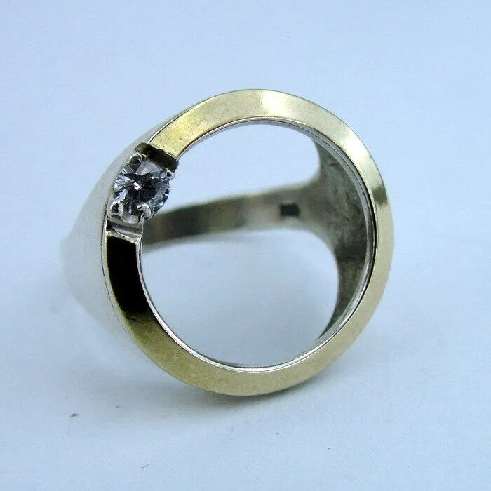 Hadar Designers 9k Yellow Gold 925 Silver White Zircon Ring, Handmade (MS