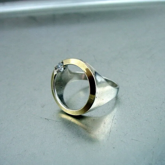 Hadar Designers 9k Yellow Gold 925 Silver White Zircon Ring, Handmade (MS