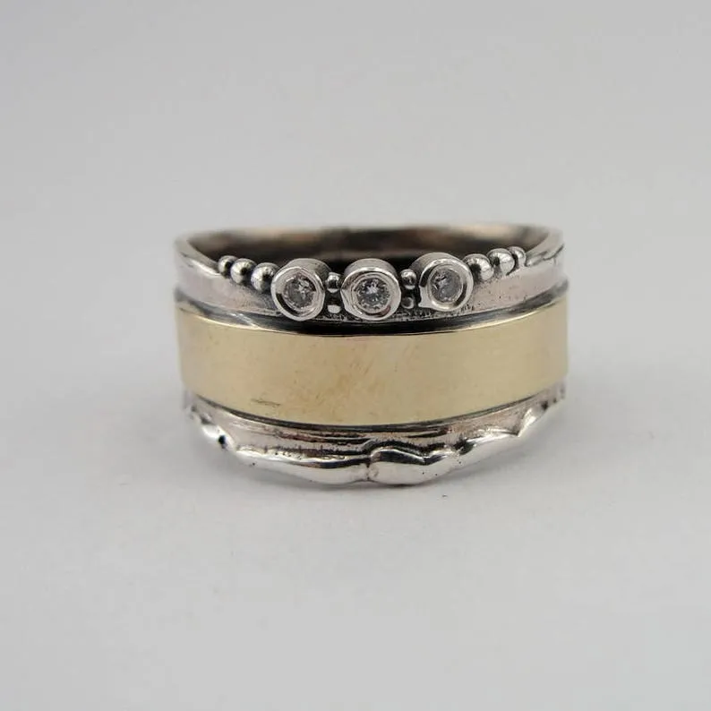 hadar designers 9k yellow gold 925 silver white Zircon ring, Handmade