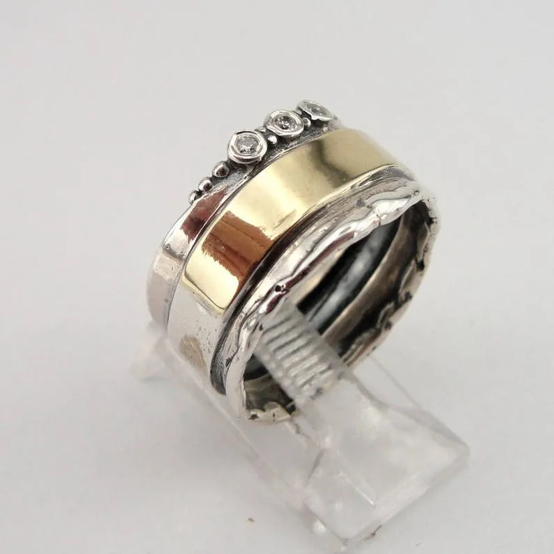 hadar designers 9k yellow gold 925 silver white Zircon ring, Handmade