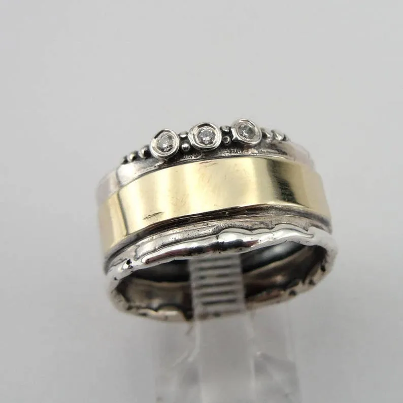hadar designers 9k yellow gold 925 silver white Zircon ring, Handmade