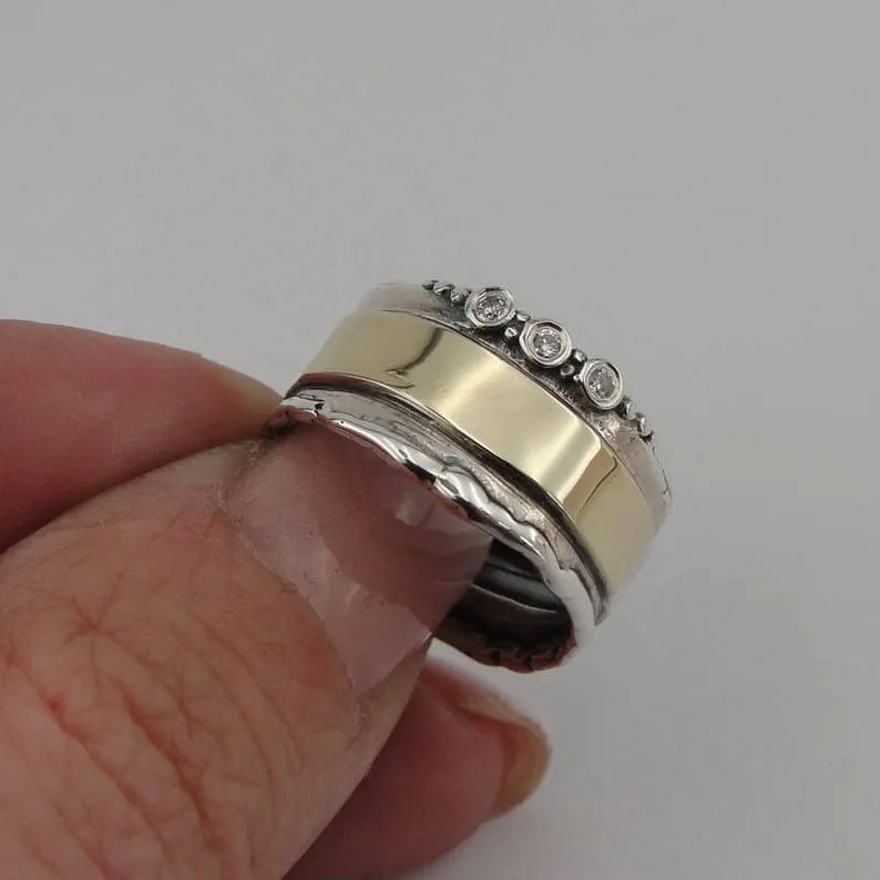 hadar designers 9k yellow gold 925 silver white Zircon ring, Handmade