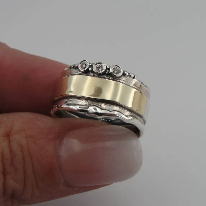 hadar designers 9k yellow gold 925 silver white Zircon ring, Handmade