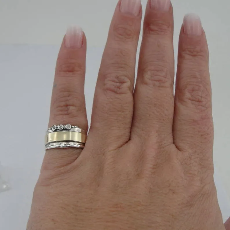 hadar designers 9k yellow gold 925 silver white Zircon ring, Handmade