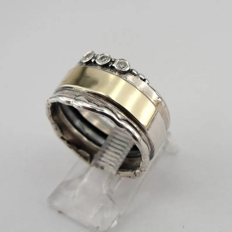 hadar designers 9k yellow gold 925 silver white Zircon ring, Handmade