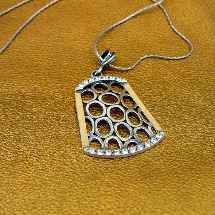 Hadar Designers 9k Yellow Gold 925 Silver Zircon Pendant Artist Handmade (ms)